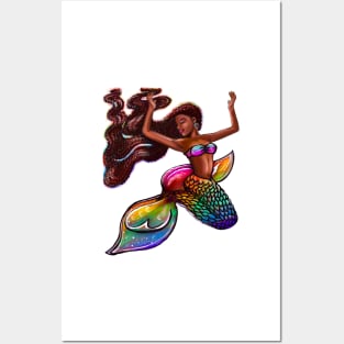 mermaid rainbow fins flowing red locs Afro hair and brown skin. African American Mermaids Posters and Art